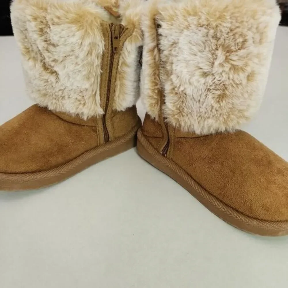 First‎ Steps Slipper Boots Kids Size 8 Brown Cream Ankle Faux Fur Soft Sole Cozy